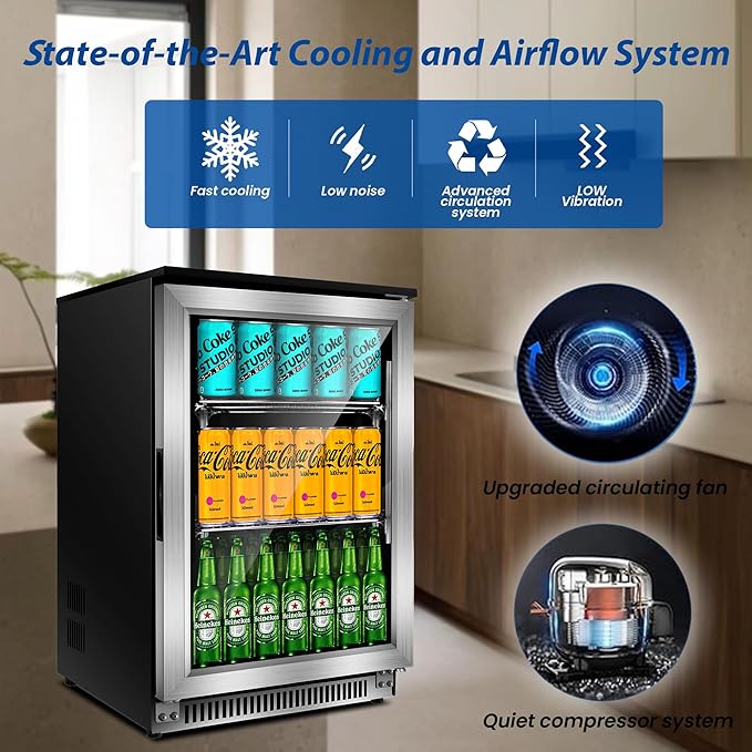 20 Inch Beverage Refrigerator Cooler,Under Counter Drink Fridge with Glass Door, Built-in or Freestanding, Quiet Compressor Cooling, 120 Can Capacity for Beer and Soda