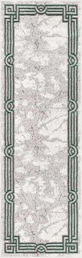 Well Woven Lezlee Abstract Modern 2'7" x 9'10" Runner Rug - Emerald Green Marble Border - for Hallway, Entryway, Stair