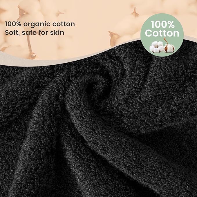 SEMAXE Solid 6-Piece Towel Set, Black, 600GSM 100% Cotton, 2 Each of Bath Towel, Hand Towel, and Washcloths, Gift Box Packaging, Hanging Loop Design