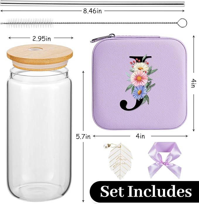 AYGXU Birthday Gifts for Women - Drinking Glass with Bamboo Lids and Straw, Iced Coffee Travel Jewelry Case, Small Jewelry Organizer Box, Initial J (Purple)
