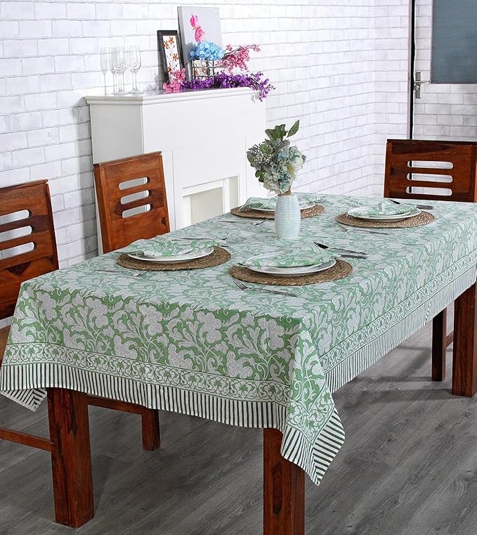 Ridhi - Hand Block Print Cotton Cloth Dinning Table Cover Wedding Farmhouse Thanks Giving Christmas Spring Tablecloth (Sage Green, 10 Seater 80x120 Inches)