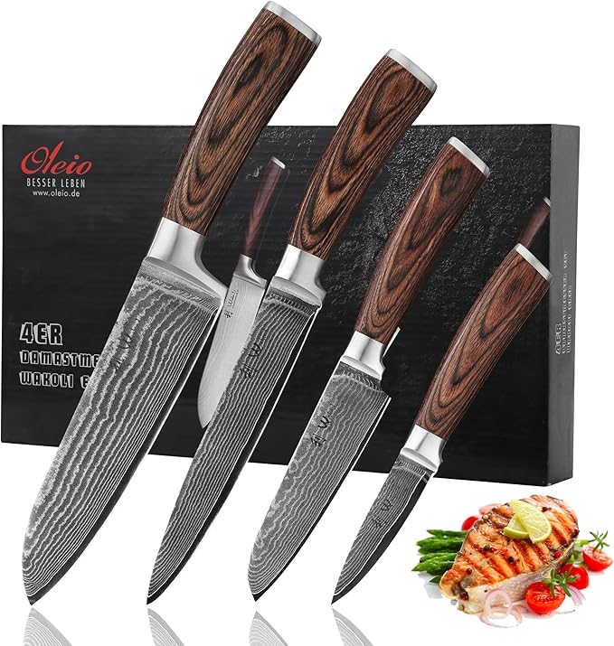 Wakoli EDIB 4-Piece Damascus Knife Set – Professional Chef Knives Set with VG10 Core Blades, 67-Layer Damascus Steel and Ergonomic Pakkawood Handles – Premium Kitchen Knives in Elegant Gift Box