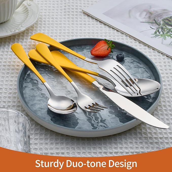 20 Piece Yellow 18/0 Flatware Utensil Set for 4, Include Dinner Knife,Dinner Forks,Dinner Spoons,Salad Forks,Teaspoons,Silverware Set for 4, Dishwasher Safe