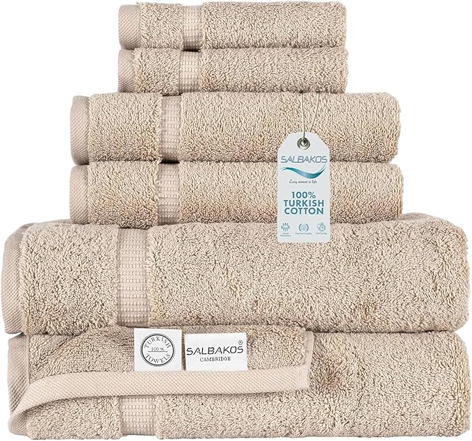 SALBAKOS 100% Turkish Cotton 6-Piece Towel Set | Heirloom Quality Hotel & Spa Collection | Soft, Super Absorbent 2 Washcloth, 2 Hand, 2 Bath Towel Sets | Made in Turkey (Taupe, 6 Piece Towel Set)