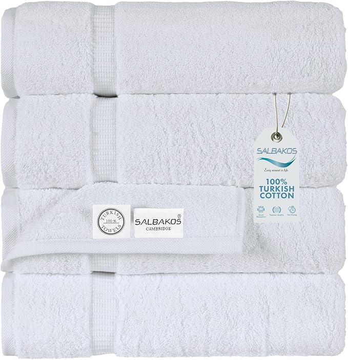 SALBAKOS 100% Turkish Cotton Bath Towel Set of 4 27x54 inch | Heirloom Quality | Hotel & Spa Collection | Ultra Soft, Super Absorbent, Long Lasting Bath Towels | Made in Turkey (White, 4 Bath Towels)