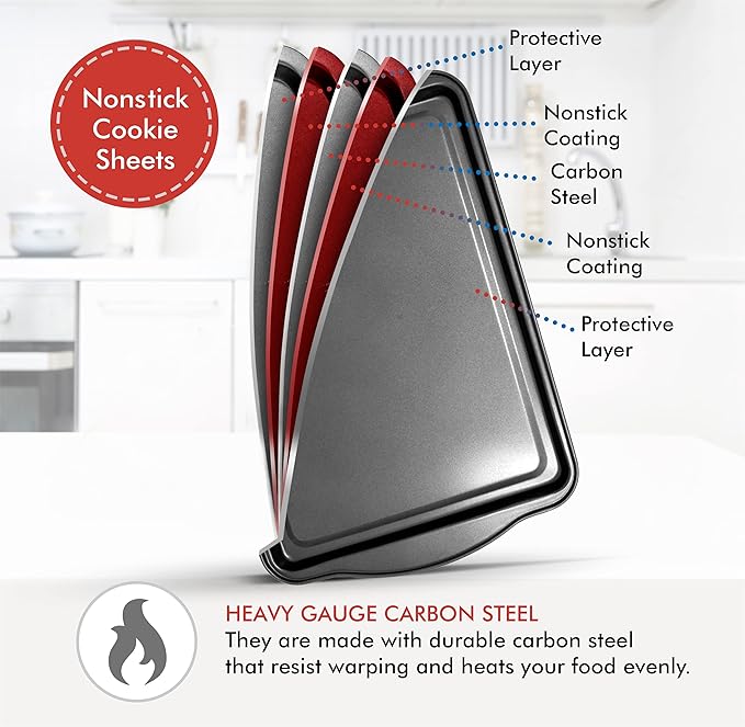 Perlli Cookie Sheets for Baking Non Stick Oven Pan Tray Baking Sheet 3-Piece Set (Small, Medium & Large) Carbon Steel BPA Free Cooking and Baking Trays for Cakes and Cookies