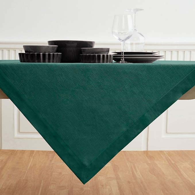 Solino Home Linen Tablecloth 52 x 52 Inch - 100% Pure Linen Rainforest Green Square Tablecloth - Fete, Machine Washable Table Throw for Winter, New Year