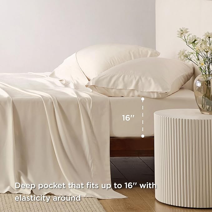 Bedsure Full Size Bed Sheets, Cooling Sheets, Rayon Derived from Bamboo, Breathable & Soft, Deep Pocket Up to 16 Inches, Hotel Luxury Silky Bedding for Hot Sleepers, Light Beige