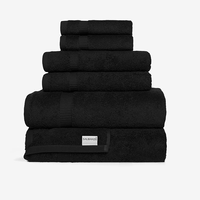 SALBAKOS 100% Turkish Cotton 6-Piece Towel Set | Heirloom Quality Hotel & Spa Collection | Soft, Super Absorbent 2 Washcloth, 2 Hand, 2 Bath Towel Sets | Made in Turkey (Black, 6 Pieces Towel Set)