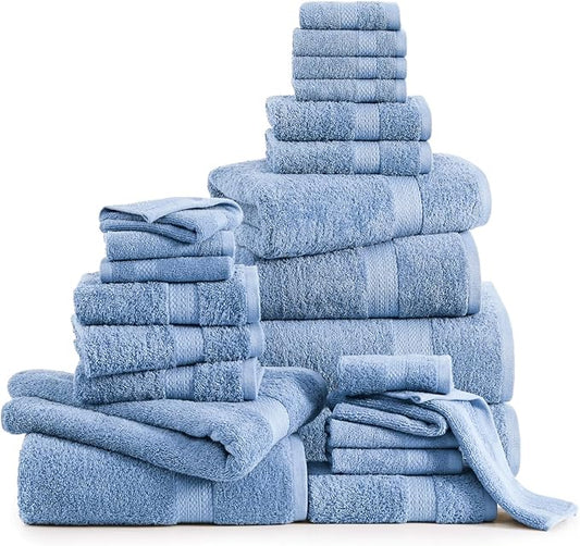 Lane Linen Bath Towel Set - 24 Pcs - Made From 100% Ring Spun Cotton - Quick Dry, Soft & Absorbent - 2 Bath Sheet, 4 Fingertip, 4 Bath, 6 Hand Towels, 8 Washcloth - Multipurpose Towels - Cerulean Blue