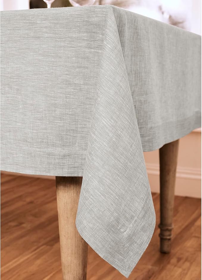 Solino Home Linen Tablecloth 60 x 90 Inch - 100% Pure Linen Oyster Grey Table Cloth for Rectangle Tables - Athena, Machine Washable Tablecloth for Holiday