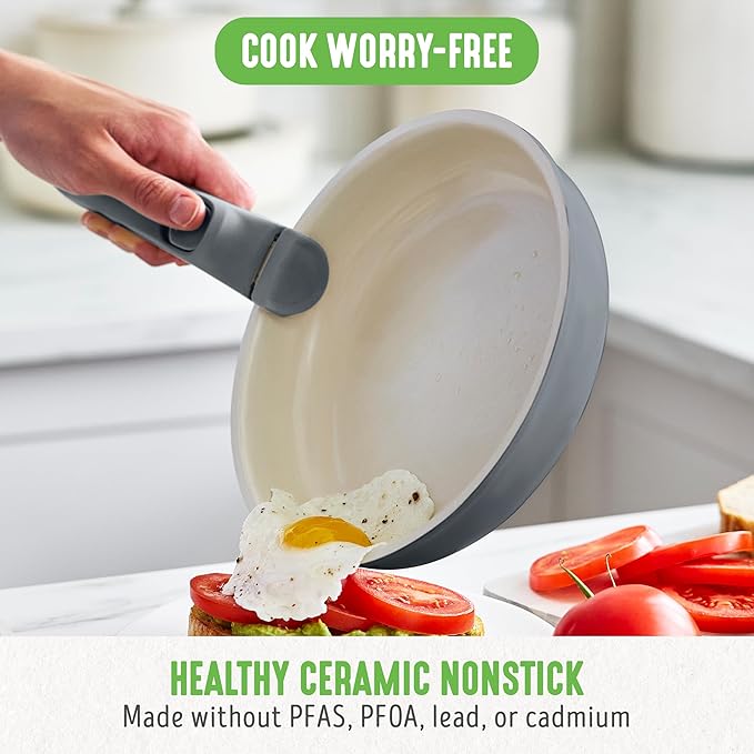 GreenLife 10 Piece Nonstick Pots & Pans Set, Detachable Handle & Stackable Cookware Set, Non Toxic PFAS-Free Skillets, Induction Kitchen Pans, Space Saving, Serving Bowls, Oven Safe, Graphite