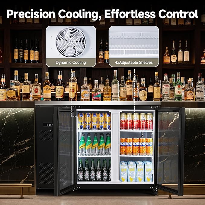BODEGACOOLER Commercial Back Bar Cooler with 2 Glass Doors,12 Cu.Ft Stainless Steel Commercial Counter Height Bar Refrigerator,Display Drink Beverage Beer Fridge LED Lighting,SUS304 Top,4 Casters