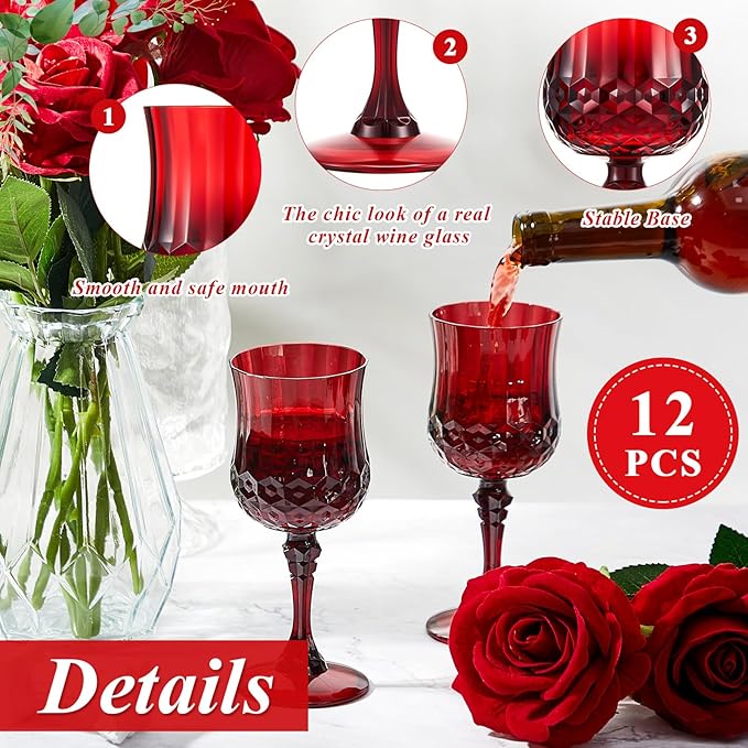 Pinkunn 12 Pcs 7 oz Plastic Vintage Wine Glasses Reusable Colored Goblets Patterned Drinking Water Glasses Cup Dishwasher Safe for Christmas Wedding Reception Party Supplies (Red)