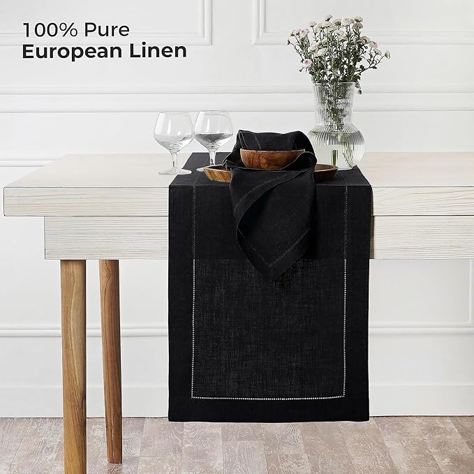 D'Moksha Homes Linen Black Table Runner 48 Inches - Classic Hemstitch, 100% Pure Linen Coffee Table Runner 14 x 48 Inch Ideal for Dresser Tables - Winter, Holiday, New Year