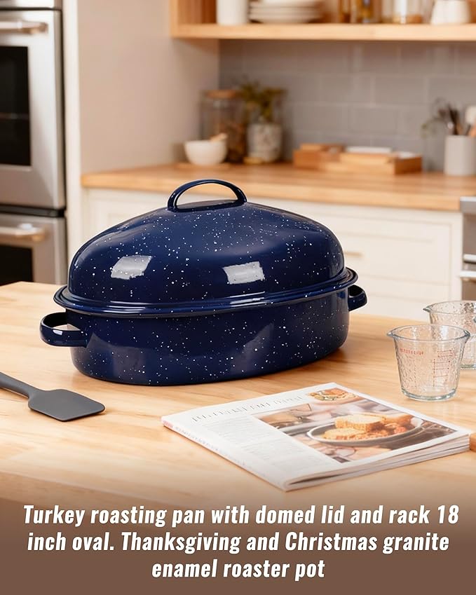 Roasting Pan with Lid and Rack 18" Deep Large Oval Enamel Roaster Pan, Oven Dishwasher Safe Non-Stick Non-Toxic Roast Pot for Turkey Steak Roasts & Bread, Wife's Christmas Gift