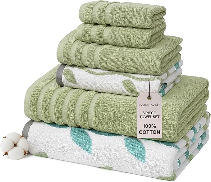 Modern Threads Organic Vines 6-Piece 100% Cotton Towel Set – Yarn Dyed Jacquard & Solid – Includes 2 Bath Towels, 2 Hand Towels, 2 Washcloths – Absorbent, Quick Dry, Soft & Durable – Sage Green