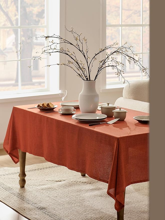 Linen Tablecloth for Square Table, 52x52 Inch Orange, Farmhouse Style Burnt Orange Tablecloth, Water Resistant Burlap Tablecloths for Dining Table Farmhouse Kitchen