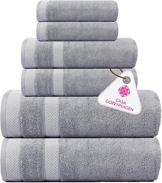 CASA COPENHAGEN Solitaire 6 Pieces Towel Set- Grey Violet, 600 GSM 2 Bath Towel 2 Hand Towel 2 Washcloth, Designed in Denmark Made of Soft Egyptian Cotton for Bathroom, Kitchen & Shower