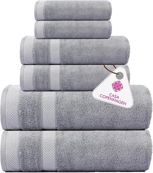 CASA COPENHAGEN Solitaire 6 Pieces Towel Set- Grey Violet, 600 GSM 2 Bath Towel 2 Hand Towel 2 Washcloth, Designed in Denmark Made of Soft Egyptian Cotton for Bathroom, Kitchen & Shower