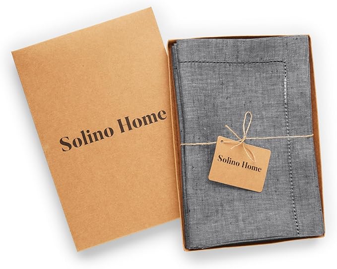 Solino Home Linen Cloth Napkins Set of 4 - Hemstitch 100% Pure Linen Charcoal Grey Dinner Napkins 20 x 20 Inch for Winter, New Year - Milan, Handcrafted and Machine Washable