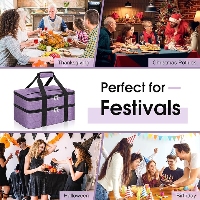 Double Insulated Casserole Carrier, Portable Casserole Carrier for Hot or Cold Food Lunch Tote Warmer or Cooler Bag, Lasagna Lunch Bag for Potluck Parties- Fits 9" x 13" Baking Dish-Purple