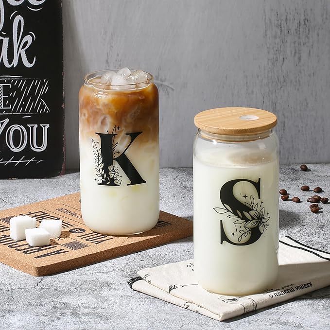 AYGXU glass cups with lids and straws,bridesmaid proposal gifts,personalized gifts for women,Birthday Gifts for women,Teacher graduation gifts,Mothers Day gifts,Initial L white