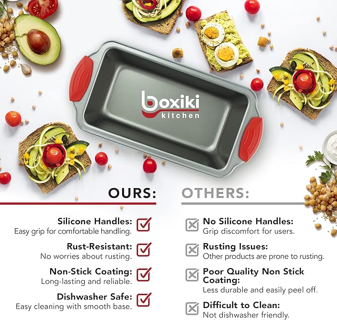 Boxiki Kitchen Non Stick Steel Banana Bread Pan for Baking, Premium Loaf Pan 8.5 Inch With Easy to Clean & Quick Release Coating - Professional Baking Pan With Silicone Handles