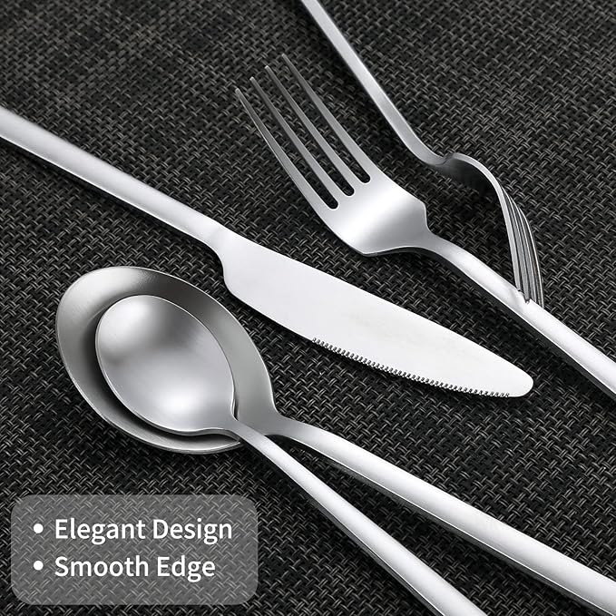 40-Piece Silver Silverware Set, Rectangular Flatware Set for 8, Matte Stainless Steel Cutlery Set, Home Essentials and Kitchen Utensils Set, for Restaurant, Party And Wedding, Dishwasher Safe