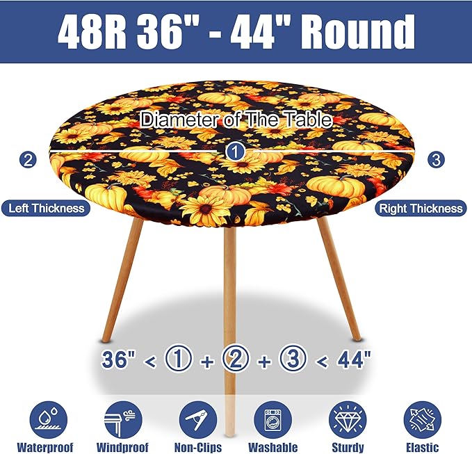 Round Spandex Thanksgiving Tablecloth, Elastic Fitted Waterproof Tablecloths for 36"-44" Tables, Stretch Washable Picnic Table Cover for Autumn Harvest Parties, Pumpkin Sunflower
