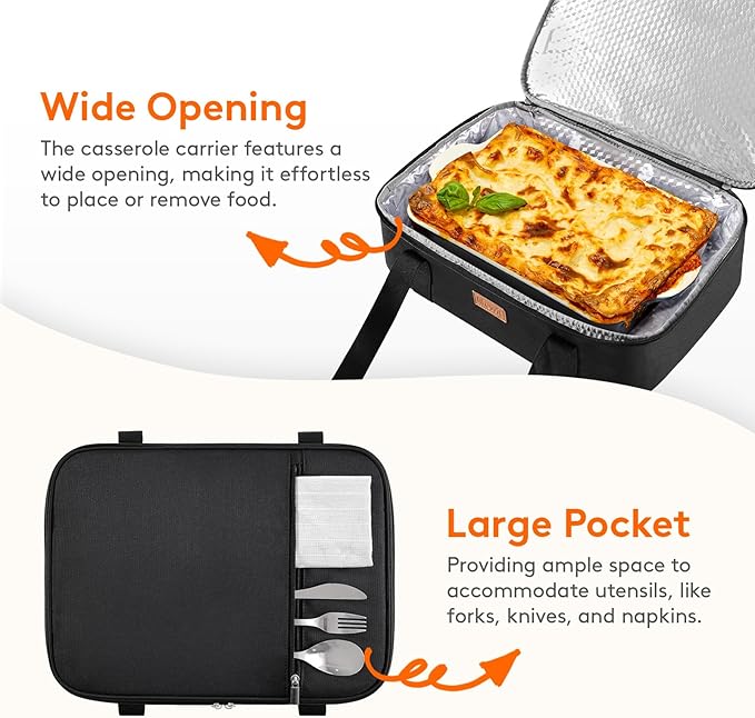 Lifewit Double Decker Insulated Casserole Carrier for Hot or Cold Food, Casserole Dish Carrying Case, Lasagna Holder for Potluck Parties/Picnic/Cookouts, Fits 9"x13" Baking Dish, Black