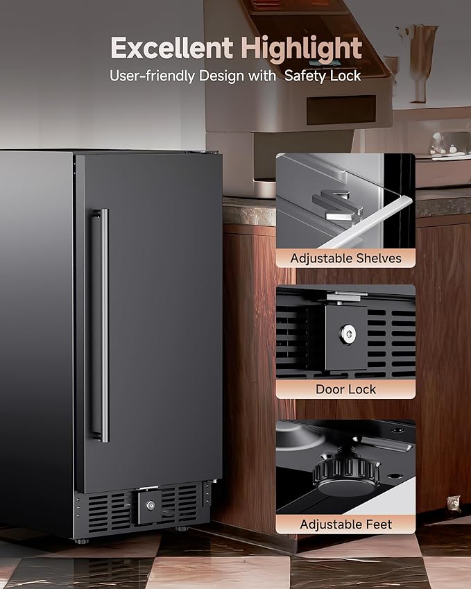 15 Inch Built-In Beverage Cooler, 128 Can Under Counter Fridge with Adjustable Shelves, ≤45dB Quiet Freestanding Beer Refrigerator for Home Bar & Outdoor Use (Black)