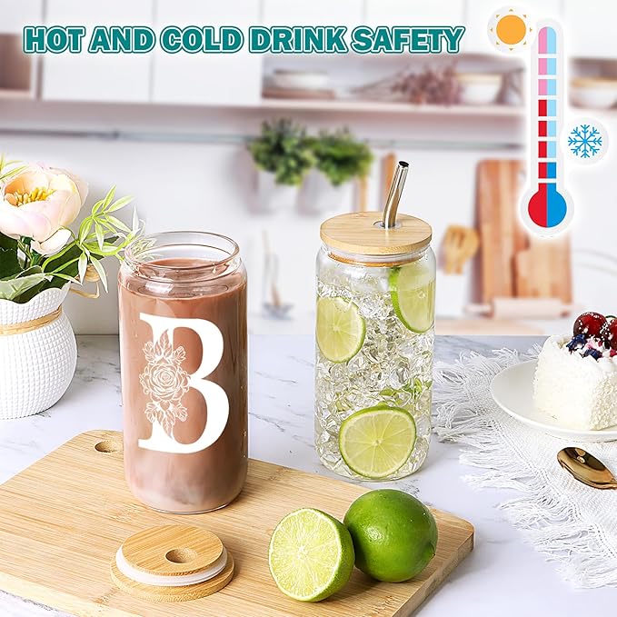 Gifts for Women, Personalized Monogrammed Gifts for Sister Mom Friend Wife, Birthday & Ideas 2024 - Cute Glass Cups with Lids and Straws