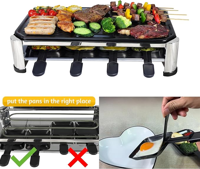 TAMARIT 8-Person Raclette Grill, Electric Party Grill with Nonstick Plate, 8 Pans and Spatulas, 1500 W (Indoor), Stainless Steel