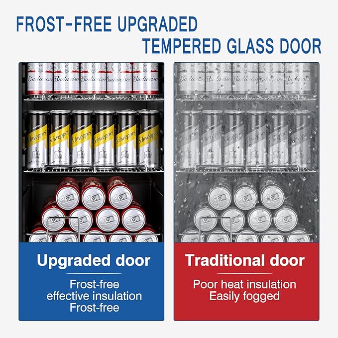 17Inch Beverage Refrigerator and Cooler Freestanding, 96 Cans Mini Fridge with glass door and Lock, Small Drink Fridge for Soda, Beer, Wine, For Home Bar Office with LED Light