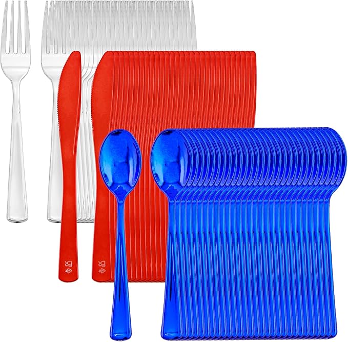 NOCCUR 180PCS Independence Day Silverware - 4th of July Tricolor Plastic Cutlery - Include 60 Red Knives, 60 Silver Forks, 60 Blue Spoons - Ideal for Independence Day