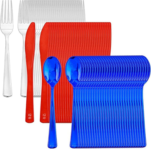 NOCCUR 180PCS Independence Day Silverware - 4th of July Tricolor Plastic Cutlery - Include 60 Red Knives, 60 Silver Forks, 60 Blue Spoons - Ideal for Independence Day