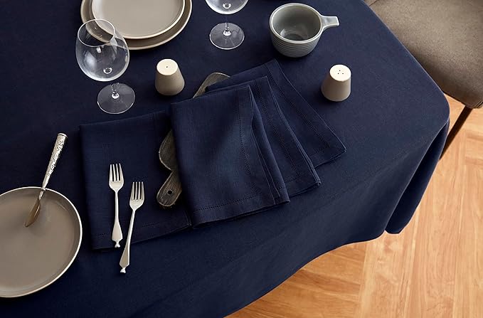 Solino Home Linen Tablecloth 70 x 108 Inch - Sonoma Hemstitch 100% Pure Linen Indigo Navy Table Cloth for Rectangle Tables - Machine Washable Tablecloth for Winter