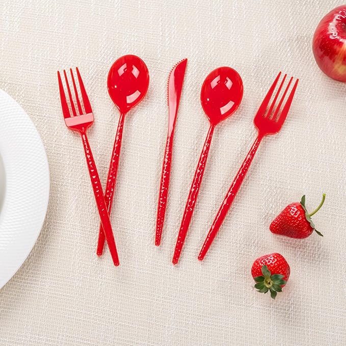 LIYH 150 Pcs Red Plastic Cutlery Sets - Red Christmas Plastic Christmas Silverware Heavyduty, Disposable Utensil Sets, 50 of Each Forks, Knives & Spoons Flatware Set for Party Birthday Xmas Day
