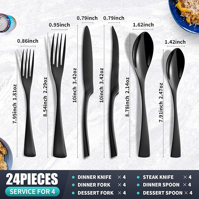 24 Pieces Black Silverware Set with Steak Knives Service for 4,Modern 18/10 Stainless Steel Flatware Cutlery Set,Utensil Set for Home Restaurant Hotel,Mirror Polished,Dishwasher Safe