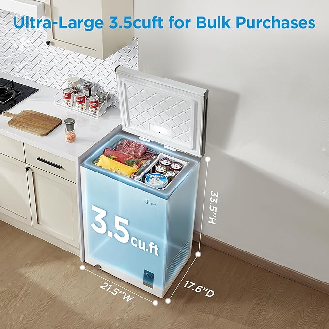 Midea MERC04C4BAWW Chest Freezer, 3.5 Cubic Feet Freezer With Removable Basket, Interior LED Light, Adjustable Temperature, For Kitchen Apartment Office, White