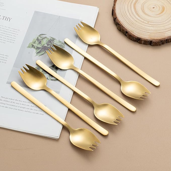 8-Piece Gold Salad Serving Set - 11.4 inch Stainless Steel Spoon & Fork with 6 Salad Forks, Titanium Plating, Dishwasher Safe for Entertaining, Parties