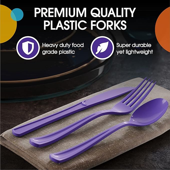 Party Solids Purple Plastic Forks 200 Pieces Purple Forks Disposable Utensils Heavy Duty Plastic Cutlery Set Disposable Cutlery Sets Flatware Sets Silverware Set Party Supplies & Party Tableware