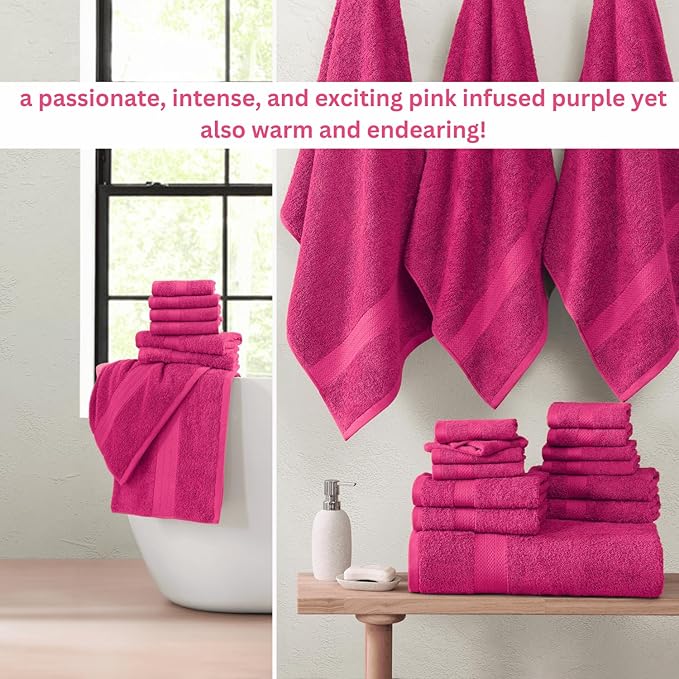 LANE LINEN 100% Cotton Bathroom Towels Set - 24 PCs - Quick Dry, Soft & Absorbent - Genlte On Skin - 4 Bath, 4 Fingertip, 6 Hand Towel, 8 Washcloths, 2 Bath Sheets for Her - Fuchsia