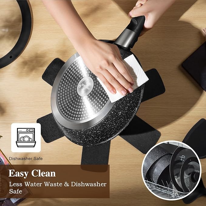 20 Pcs Pots and Pans Set Non Stick, Stackable Cookware Sets with Detachable Handle, Granite Induction RV Kitchen Portable Cooking Set Removable Handles, Dishwasher ＆ Oven Safe, Black