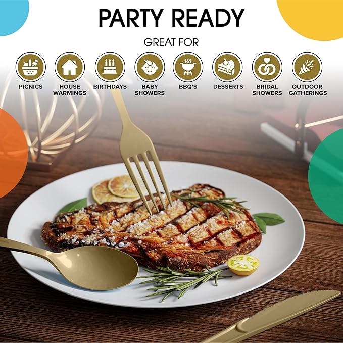 Party Solids Gold Plastic Spoons 200 Pieces Gold Spoons Disposable Utensils Heavy Duty Plastic Cutlery Set Disposable Cutlery Sets Flatware Sets Silverware Set Party Supplies & Party Tableware