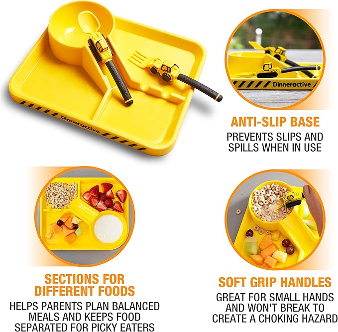 Dinneractive Dining Set for Kids - 3 Piece Construction Themed Toddler Utensils & Toddler Plates - Toddler Forks and Spoons - Kid Plate set