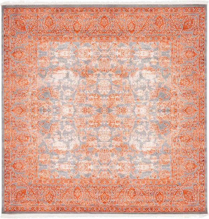 Unique Loom Traditional Classic Intricate Design Distressed Vintage Detail, Area Rug, 8' 0" x 8' 0", Terracotta/Gray