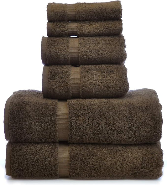 Luxury Hotel & Spa Quality, Quick Dry 100% Turkish Cotton, 700 GSM, Eco Friendly Towel, Bathroom and Kitchen Dobby Border Towels, 2-Bath Towel, 2-Hand Towel, 2-Washcloth (Bundle Set of 6, Cocoa)