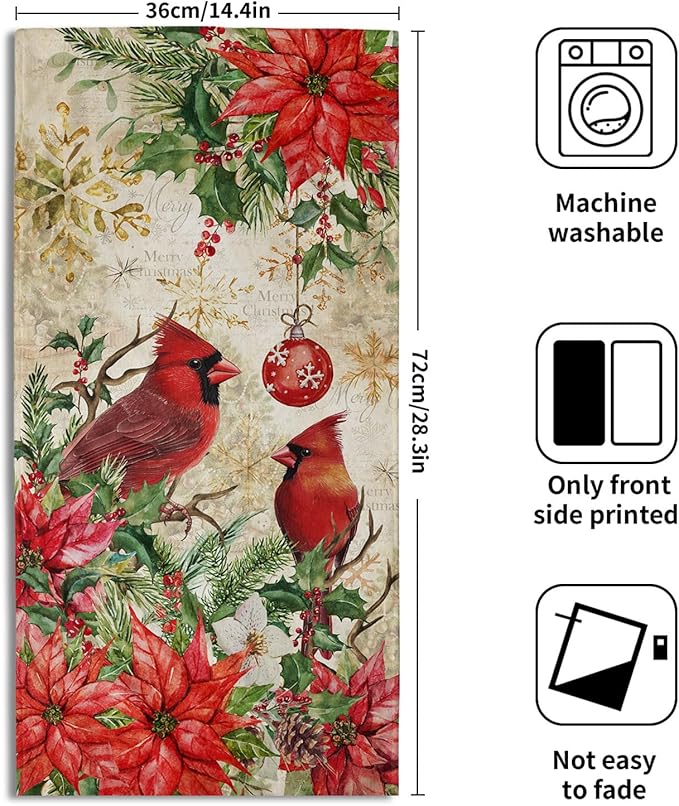 Imiss Merry Christmas Hand Towels Xmas Red Bird Holly Floral Kitchen Decor Soft Absorbent Fingertip Guest Towel for Home Bathroom Hotel Gym Spa